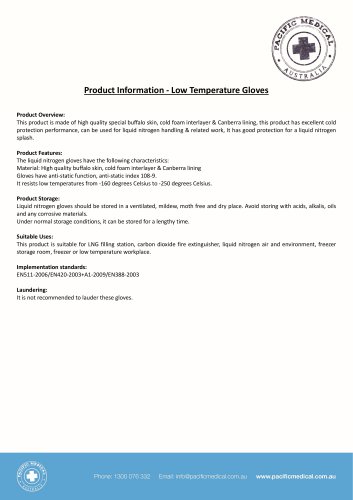 Product Information - Low Temperature Gloves